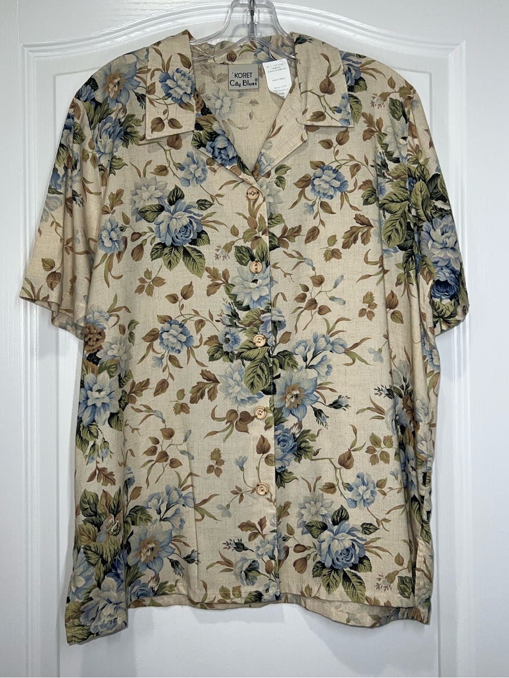 Koret City Blues Vintage Blue Floral Linen Blend Button Blouse Women’s Medium